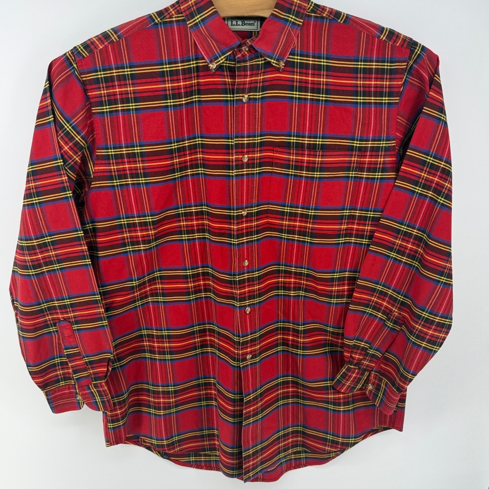 LL Bean Mens Large Tall Red Tartan Plaid Button Down Shirt Cotton 1997 Vintage